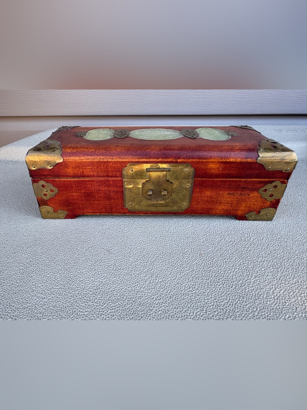 Vintage Chinese Wood Jewelry Box Carved Jade Inlay w/brass Shanghai China